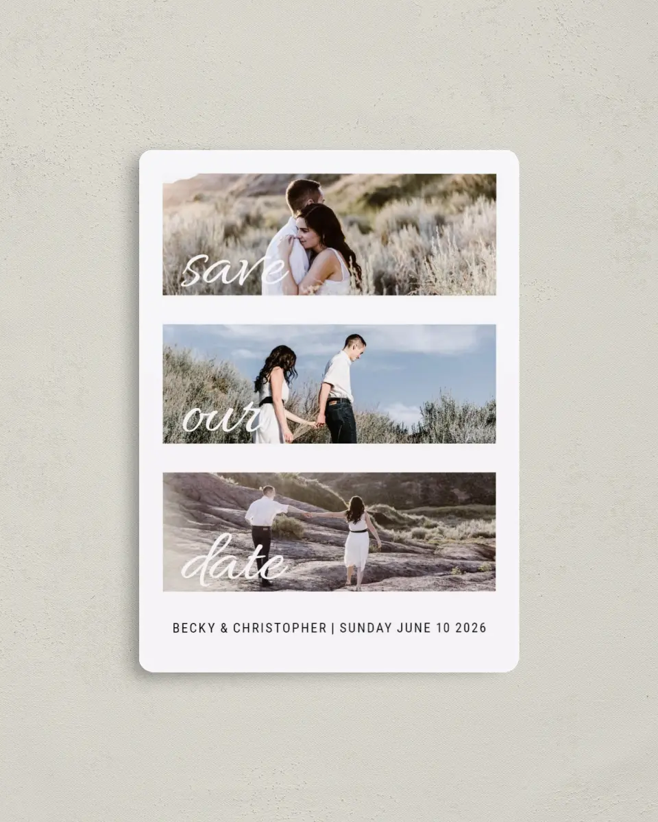 This is a 4" x 5½" Save the Date Magnet called Tranquil Trio printed in full color with a Luxe Satin finish