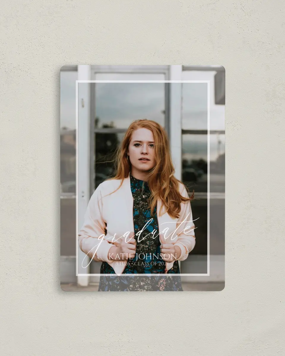 This is a 4" x 5½" Graduation Announcement Magnet called Brave New World printed in full color with a Luxe Satin finish