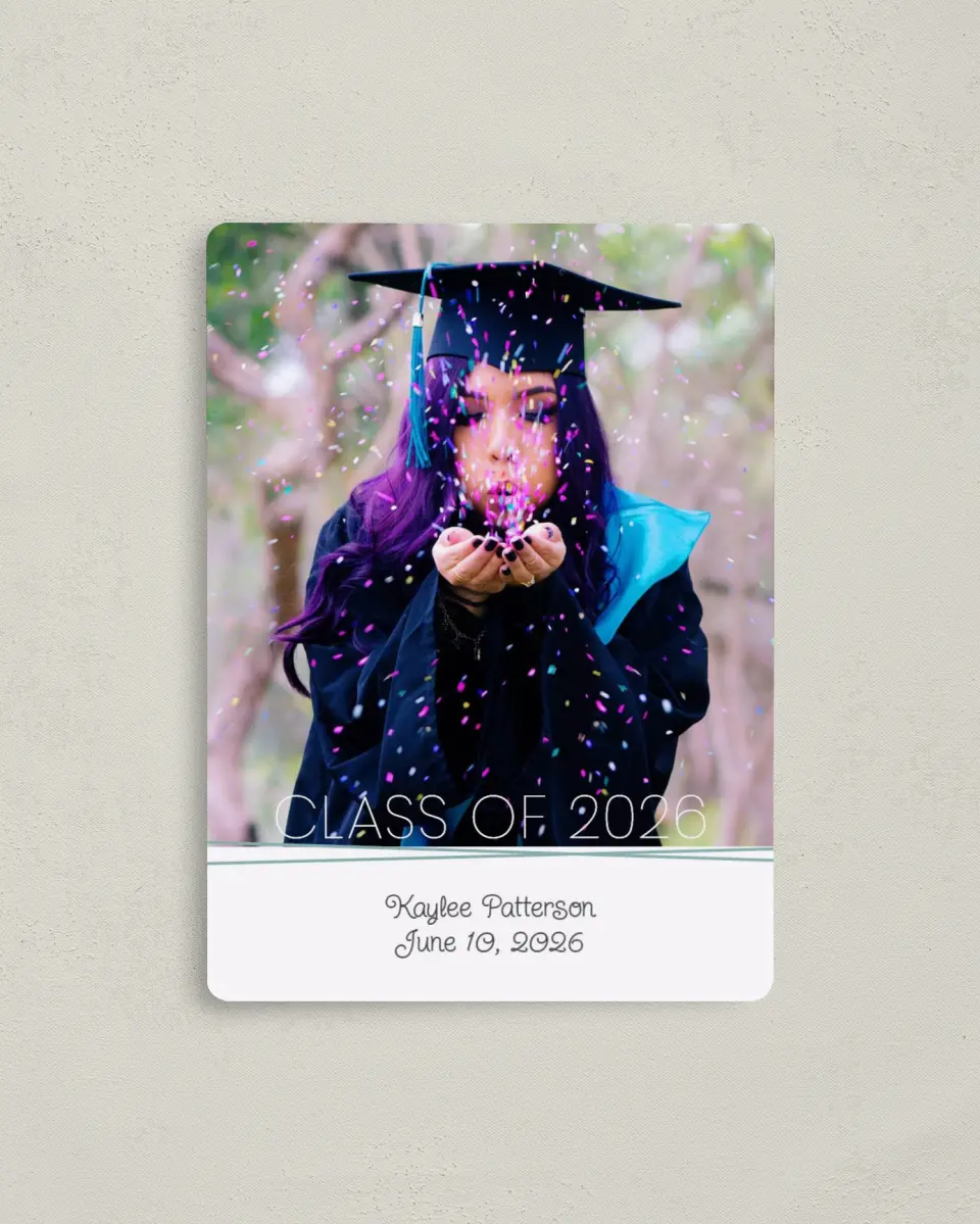 This is a 4" x 5½" Graduation Announcement Magnet called Journey to Forever printed in full color with a Luxe Satin finish