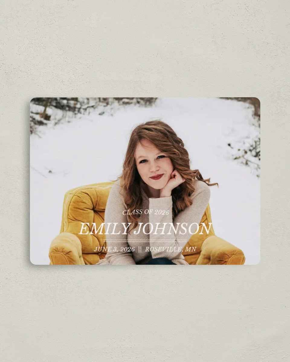 This is a 4" x 5½" Graduation Announcement Magnet called Savvy Success printed in full color with a Luxe Satin finish