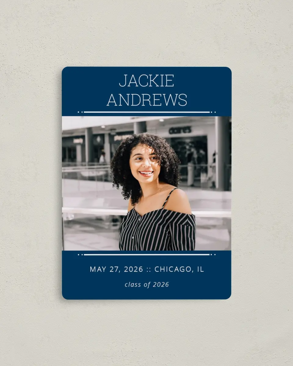 This is a 4" x 5½" Graduation Announcement Magnet called Charmed Success printed in full color with a Luxe Satin finish