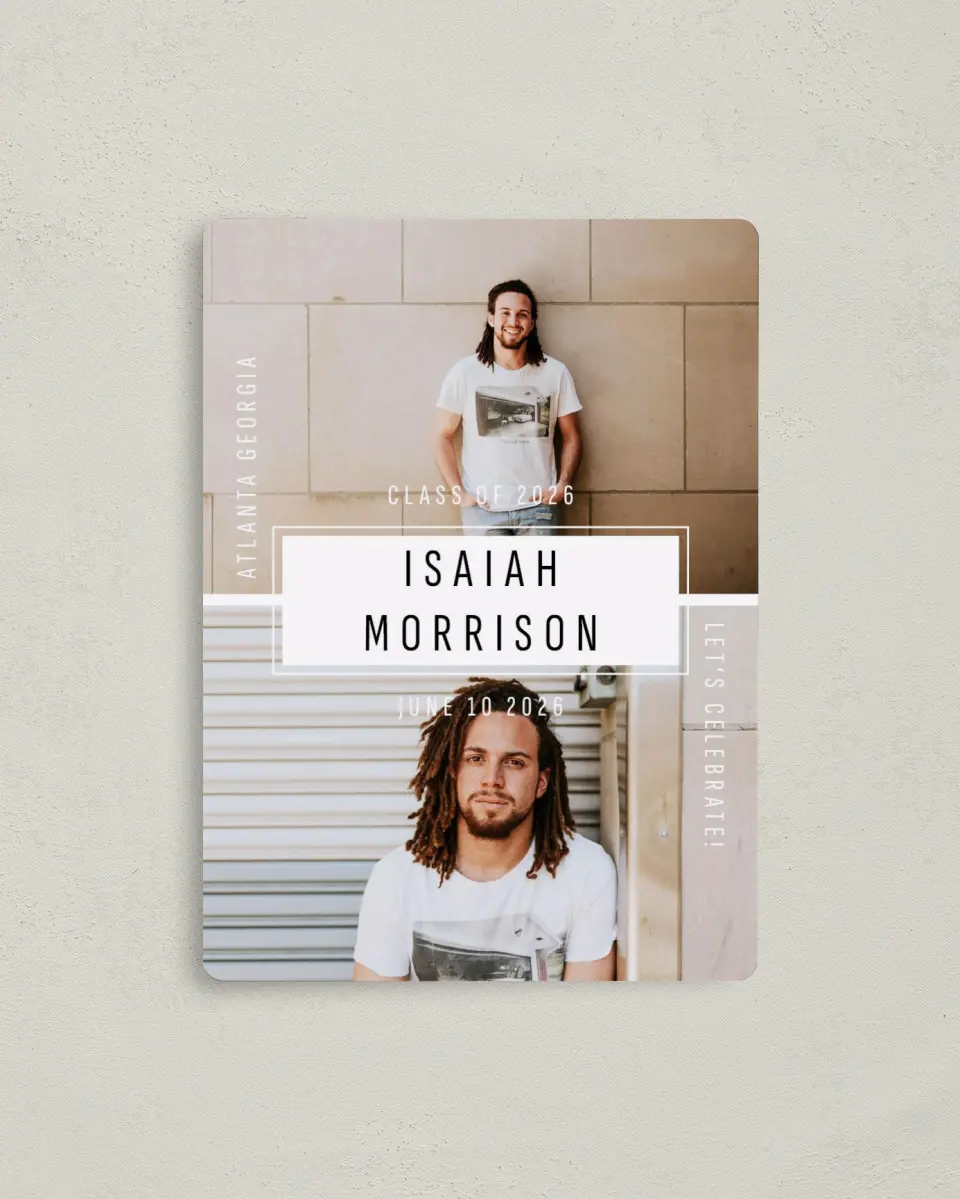 This is a 4" x 5½" Graduation Announcement Magnet called Level Up printed in full color with a Luxe Satin finish