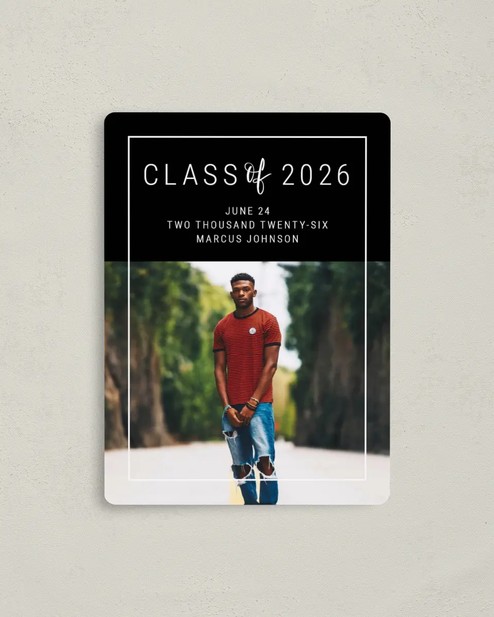 This is a 4" x 5½" Graduation Announcement Magnet called New Journey printed in full color with a Luxe Satin finish