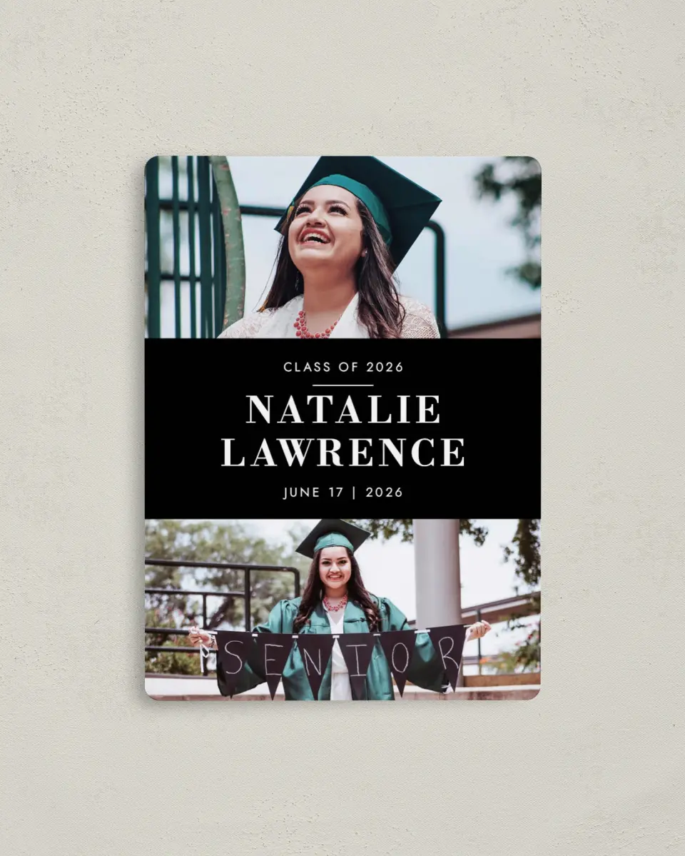 This is a 4" x 5½" Graduation Announcement Magnet called Heartfelt Congrats printed in full color with a Luxe Satin finish