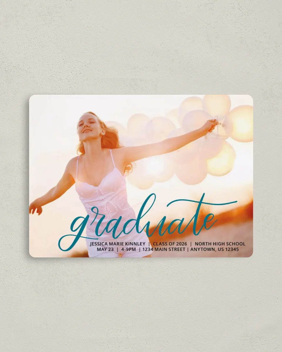 This is a 4" x 5½" Graduation Announcement Magnet called Gilded Grad printed in full color with a Luxe Satin finish