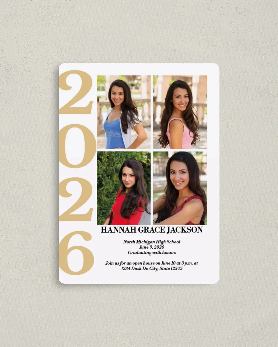 This is a 4" x 5½" Graduation Announcement Magnet called Bright Class printed in full color with a Luxe Satin finish