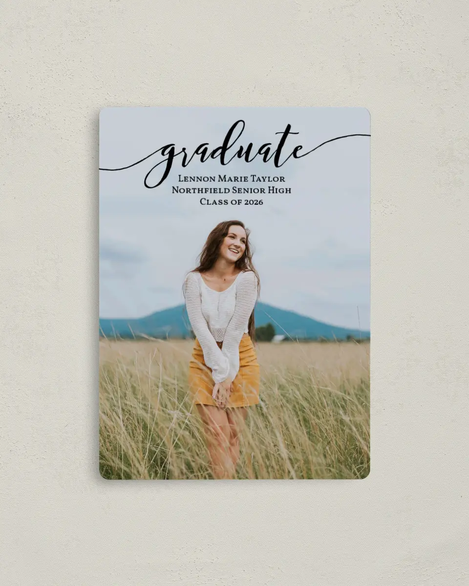 This is a 4" x 5½" Graduation Announcement Magnet called Scripted Graduate printed in full color with Gold foil and a Luxe Satin finish