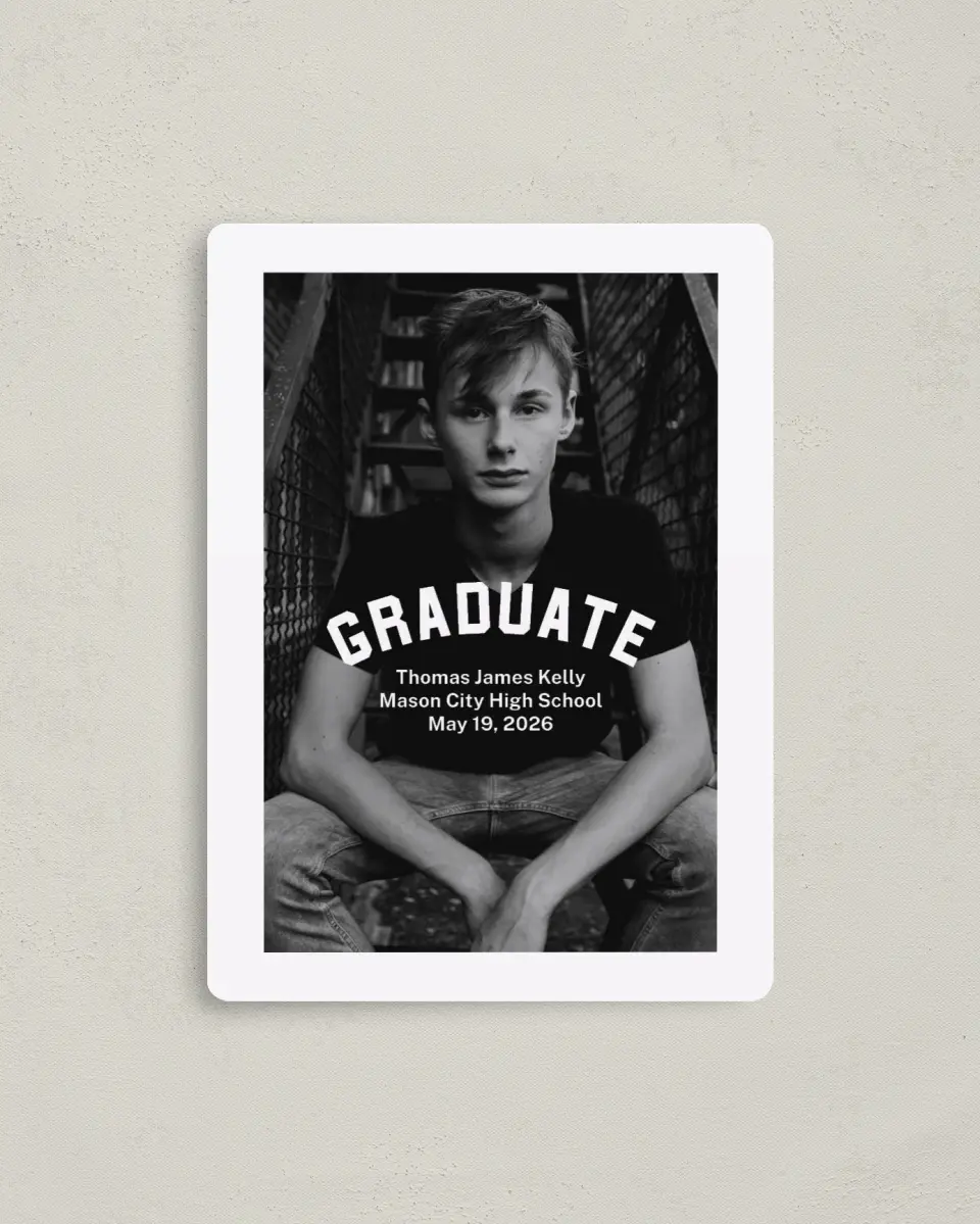 This is a 4" x 5½" Graduation Announcement Magnet called Class Congrats printed in full color with Gold foil and a Luxe Satin finish