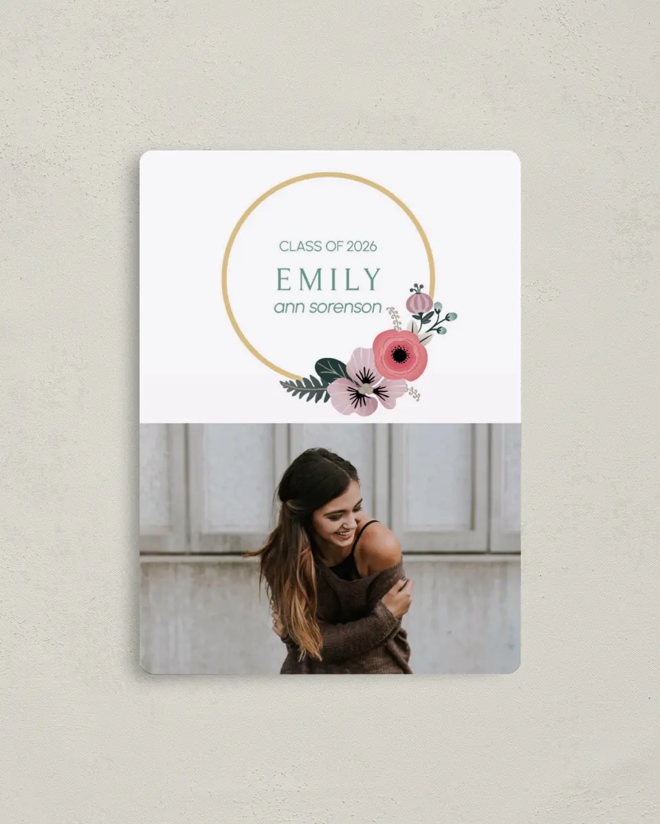 This is a 4" x 5½" Graduation Announcement Magnet called Bespoke Wreath printed in full color with a Luxe Satin finish