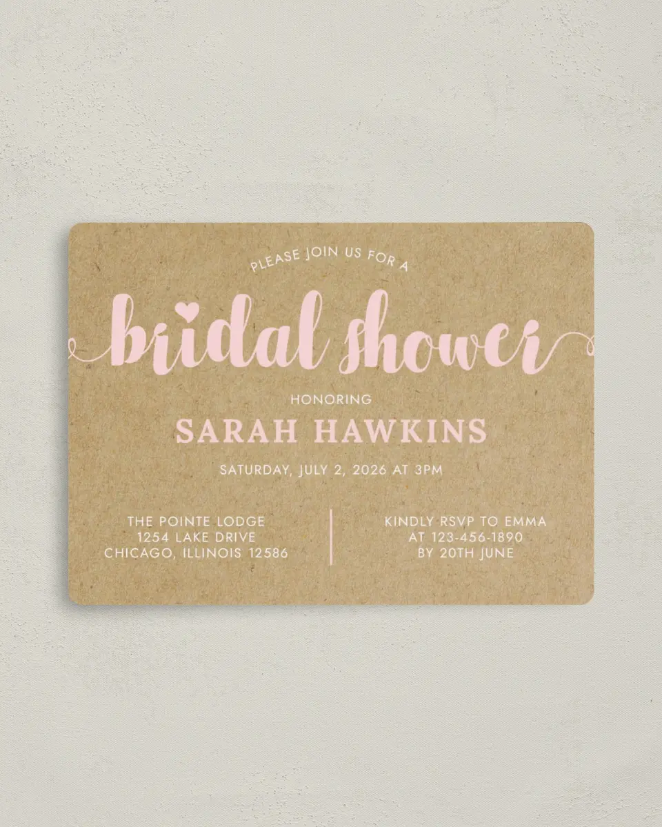 This is a 4" x 5½" Bridal Shower Invitation Magnet called Sweetly Krafted printed in full color with a Luxe Satin finish