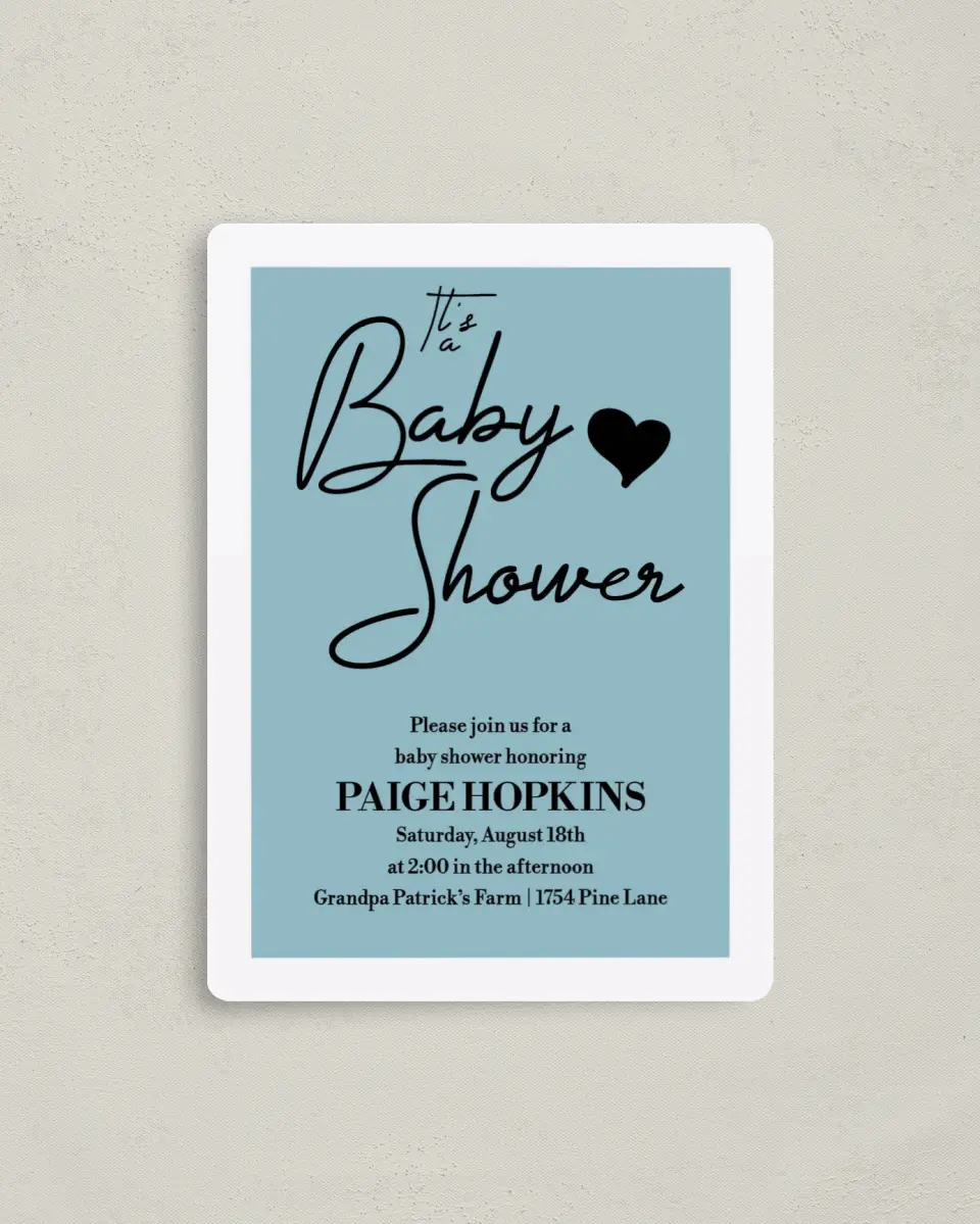 This is a 4" x 5½" Baby Shower Invitation Magnet called Hearts & Stripes printed in full color with a Luxe Satin finish