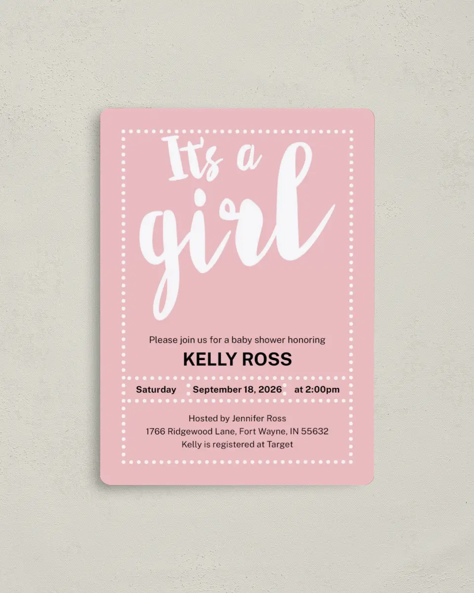 This is a 4" x 5½" Baby Shower Invitation Magnet called Sweetheart Sprinkle printed in full color with a Luxe Satin finish
