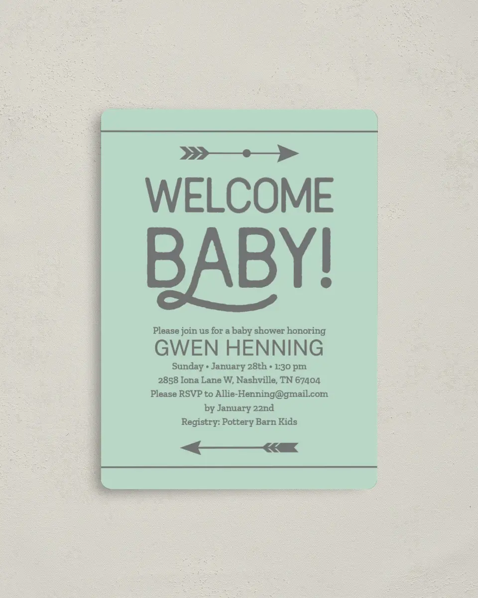 This is a 4" x 5½" Baby Shower Invitation Magnet called Baby Power printed in full color with a Luxe Satin finish
