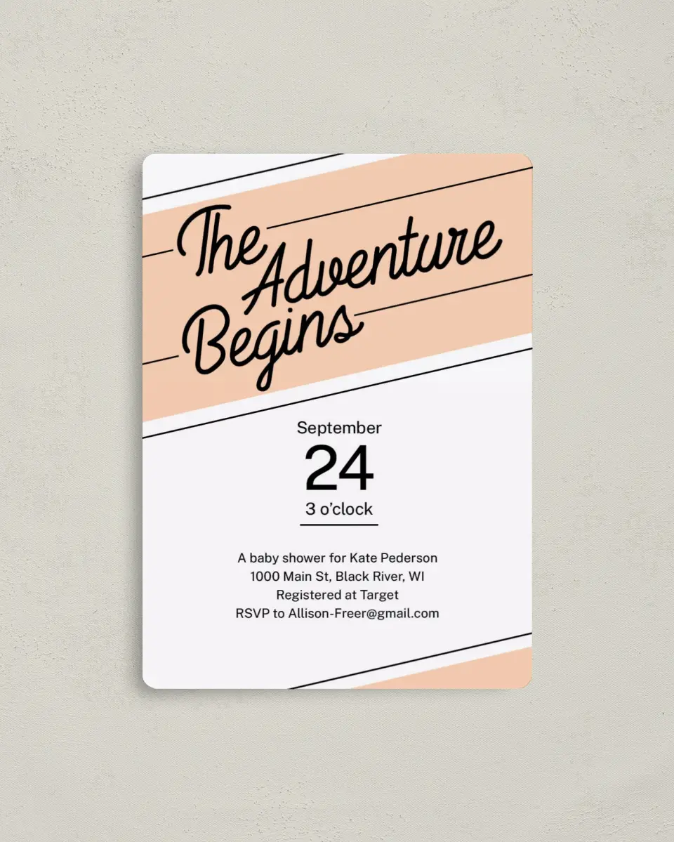 This is a 4" x 5½" Baby Shower Invitation Magnet called Banner Adventure printed in full color with a Luxe Satin finish