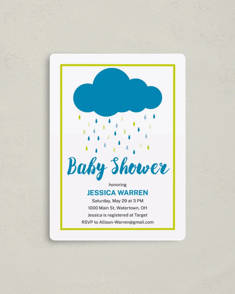 This is a 4" x 5½" Baby Shower Invitation Magnet called Drops of Blessings printed in full color with a Luxe Satin finish