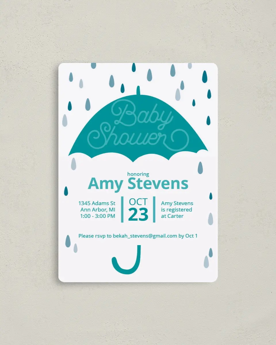 This is a 4" x 5½" Baby Shower Invitation Magnet called Raining Love printed in full color with a Luxe Satin finish