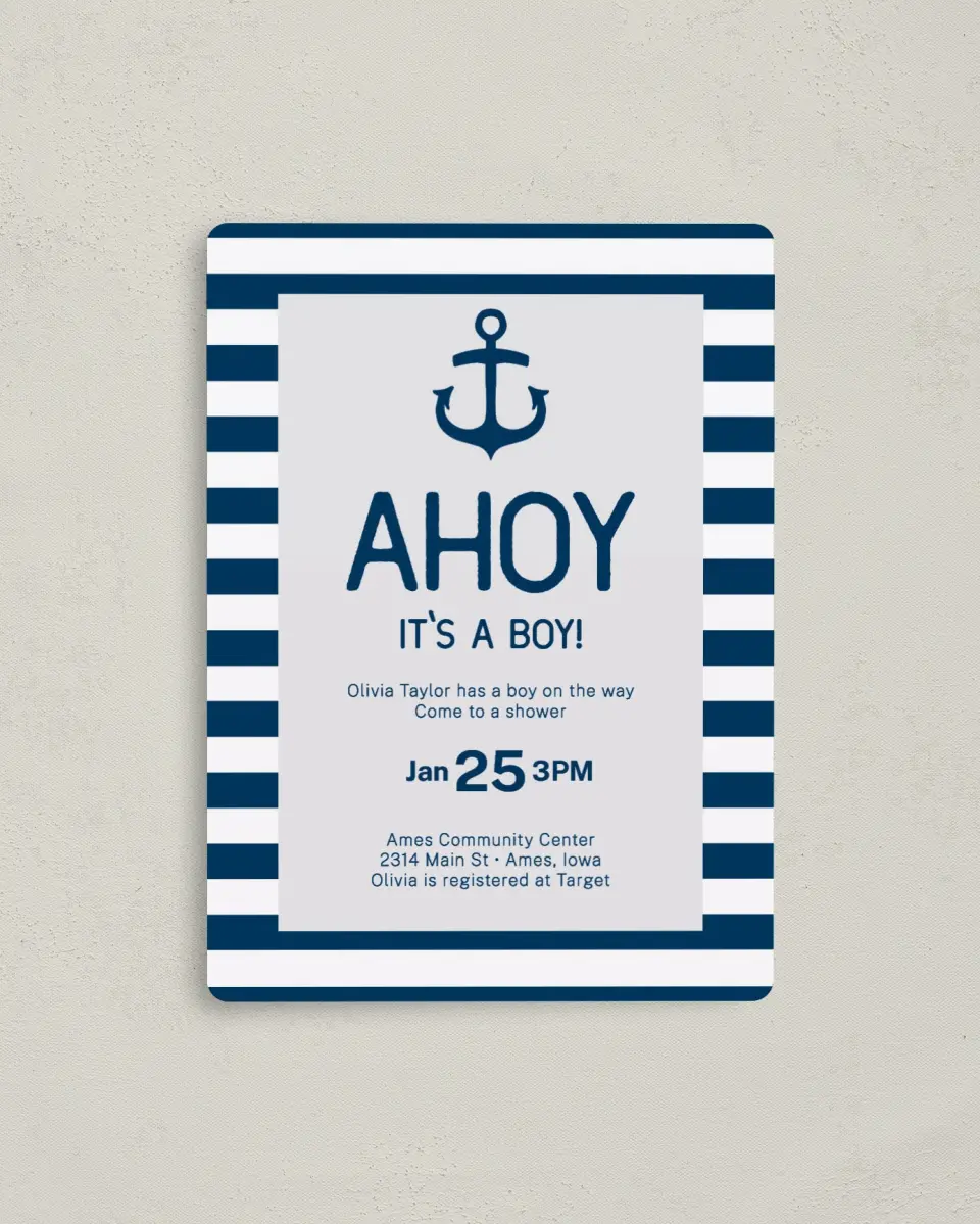 This is a 4" x 5½" Baby Shower Invitation Magnet called Ahoy Joy printed in full color with a Luxe Satin finish