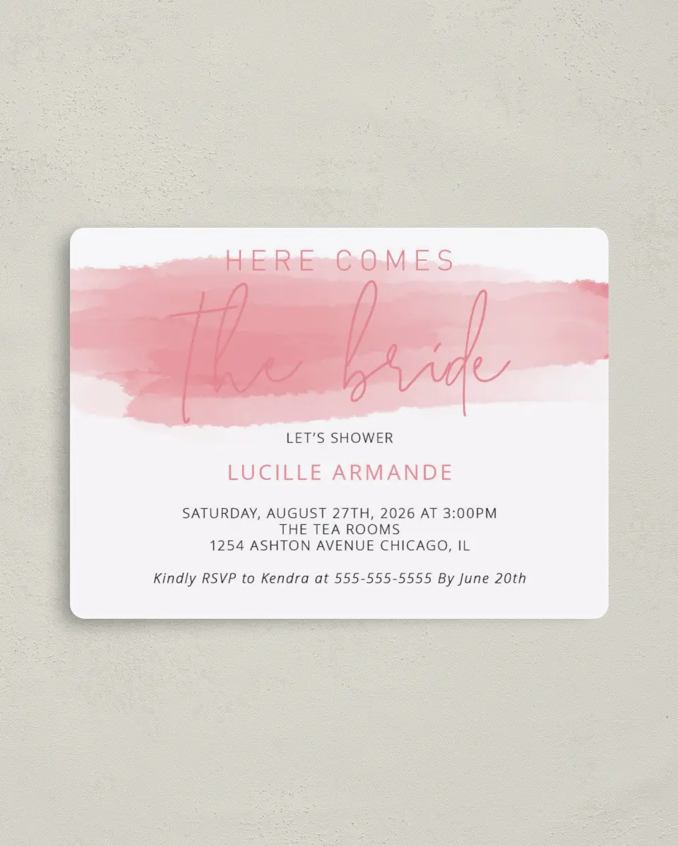 This is a 4" x 5½" Bridal Shower Invitation Magnet called Here She Comes printed in full color with a Luxe Satin finish