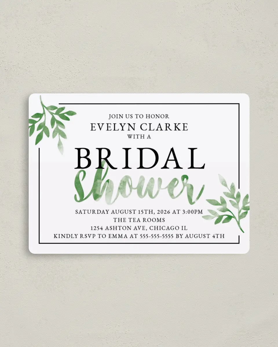 This is a 4" x 5½" Bridal Shower Invitation Magnet called Watercolor Greenery printed in full color with a Luxe Satin finish