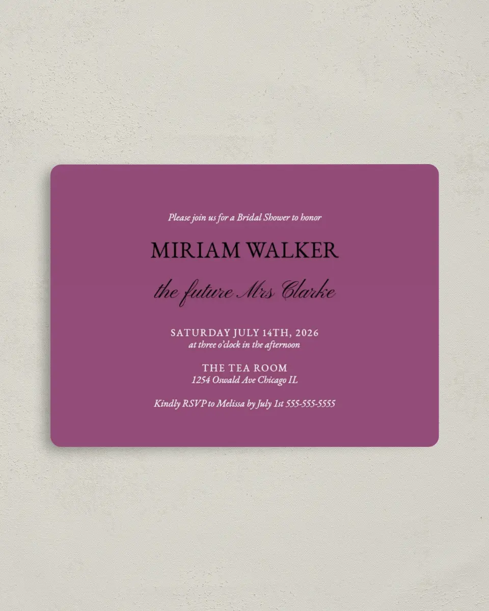 This is a 4" x 5½" Bridal Shower Invitation Magnet called Shining Style printed in full color with a Luxe Satin finish