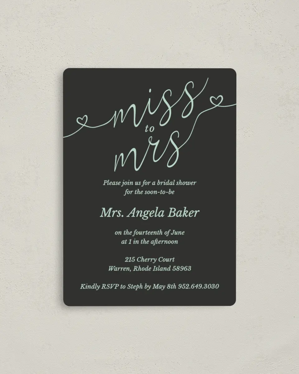 This is a 4" x 5½" Bridal Shower Invitation Magnet called Soon To Be Mrs. printed in full color with a Luxe Satin finish
