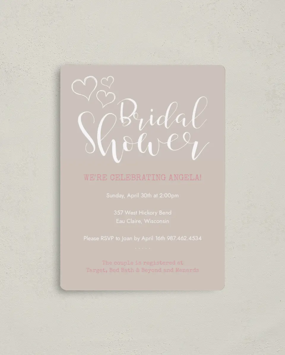 This is a 4" x 5½" Bridal Shower Invitation Magnet called Heartfelt Wishes printed in full color with a Luxe Satin finish