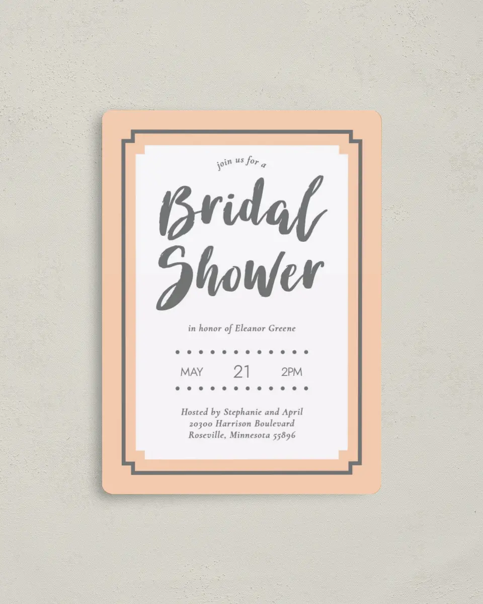 This is a 4" x 5½" Bridal Shower Invitation Magnet called Framed Attention printed in full color with a Luxe Satin finish