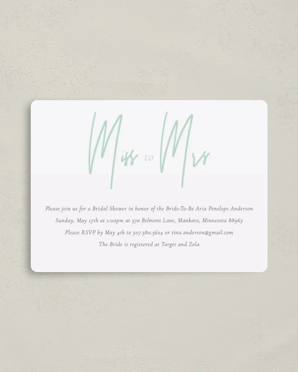 This is a 4" x 5½" Bridal Shower Invitation Magnet called Miss to Mrs printed in full color with a Luxe Satin finish