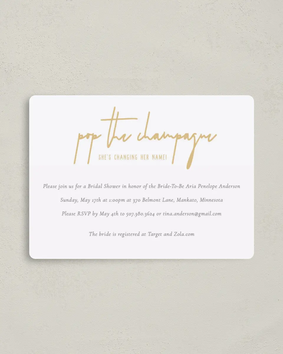 This is a 4" x 5½" Bridal Shower Invitation Magnet called Champagne Bubbles printed in full color with a Luxe Satin finish