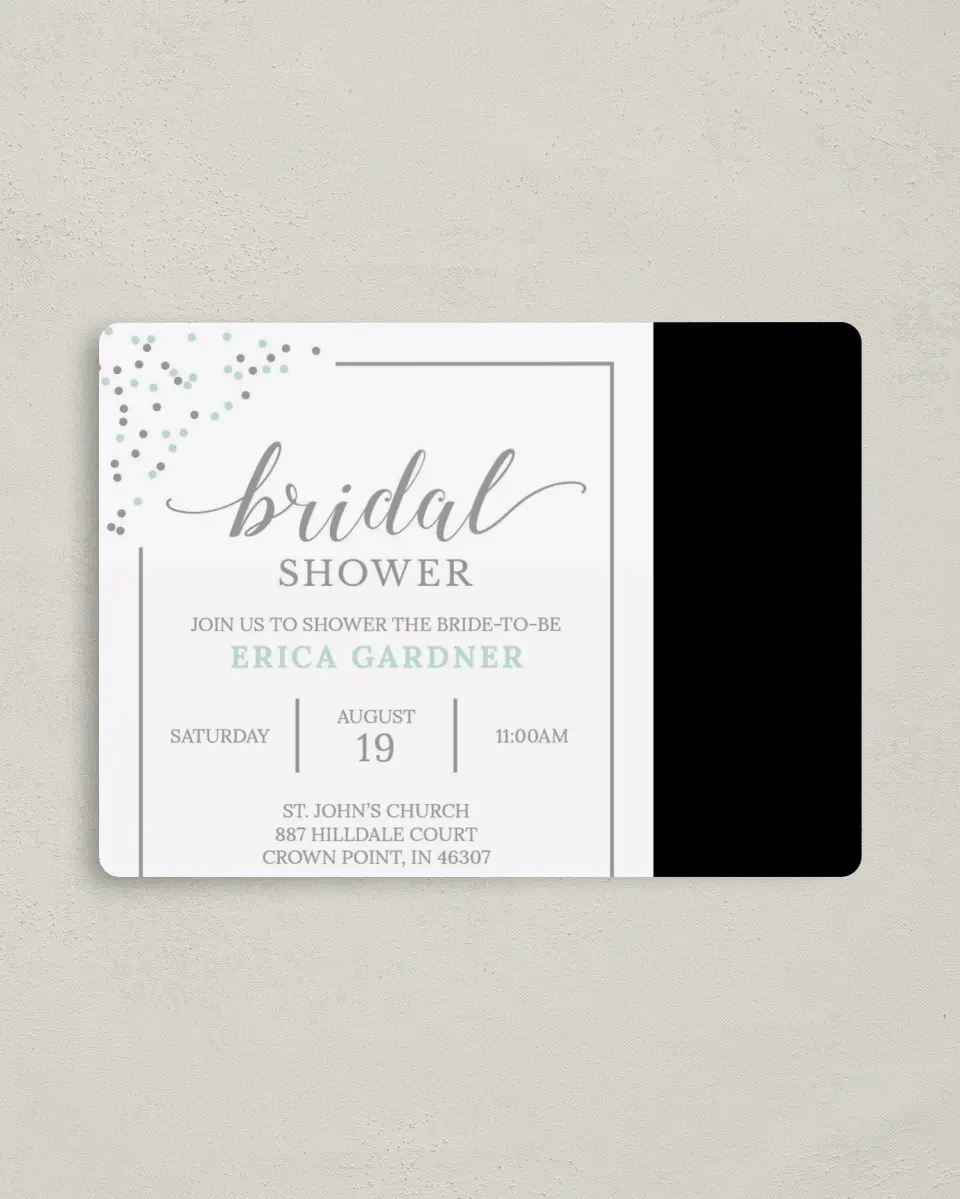 This is a 4" x 5½" Bridal Shower Invitation Magnet called Lovely Sprinkles printed in full color with a Luxe Satin finish