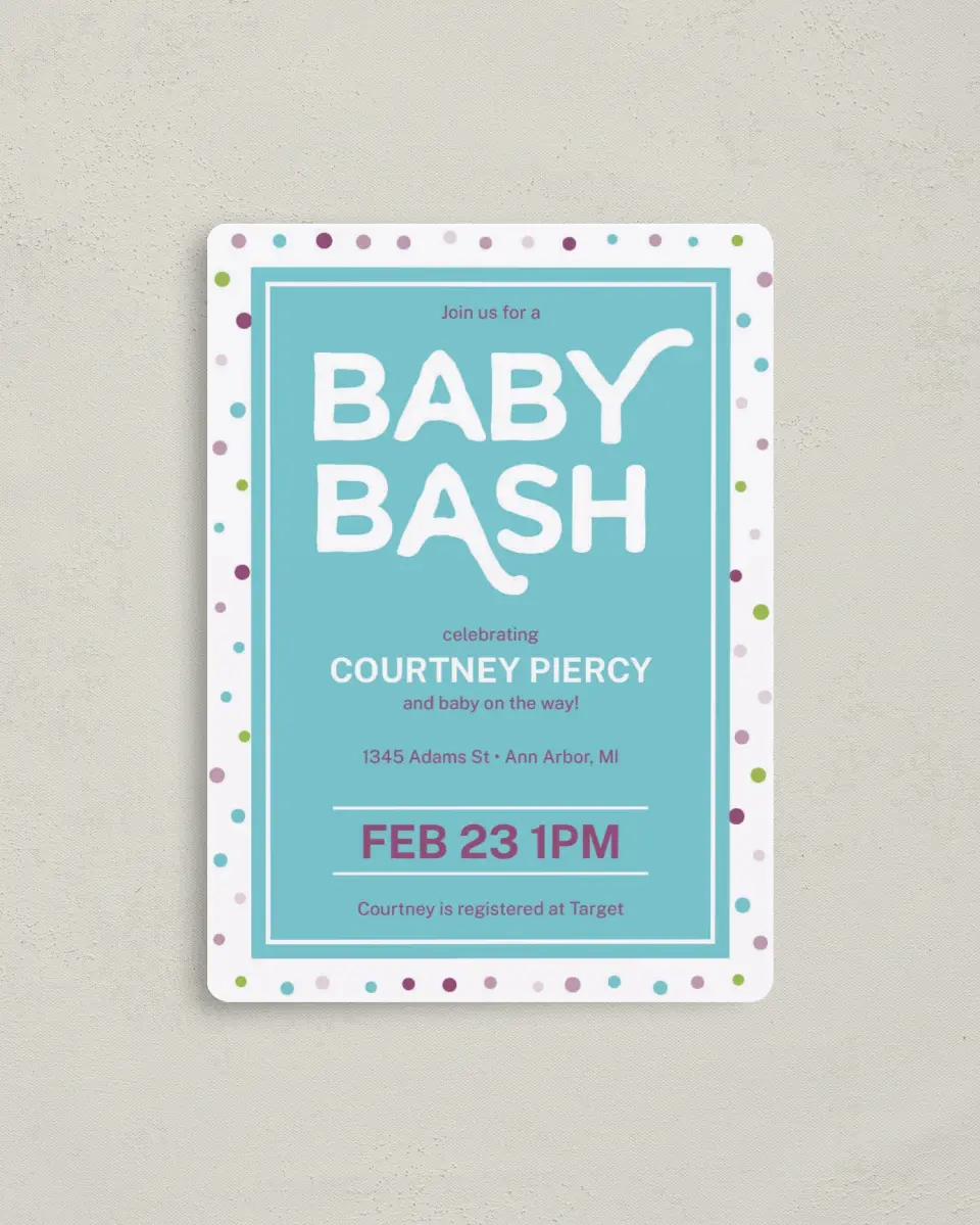 This is a 4" x 5½" Baby Shower Invitation Magnet called It's A Bash printed in full color with a Luxe Satin finish