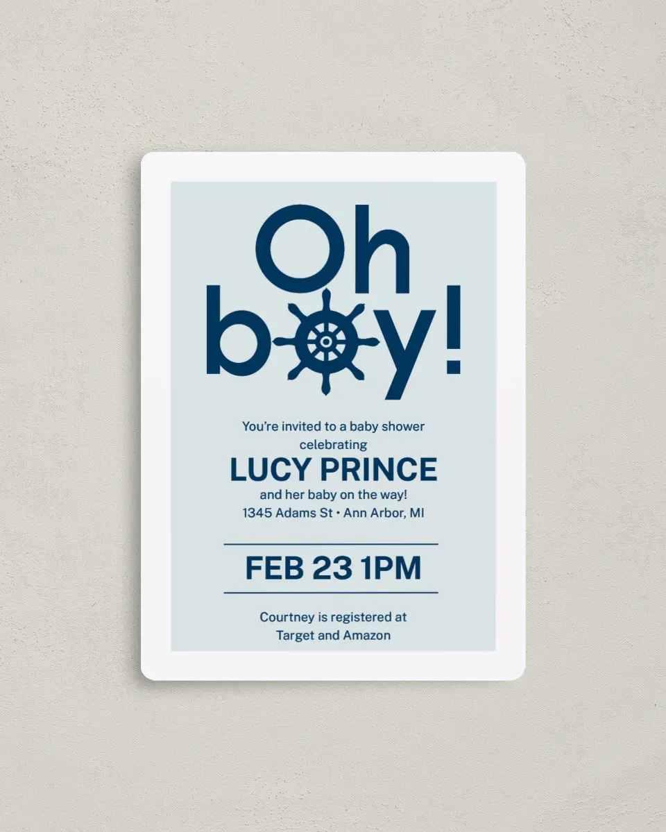 This is a 4" x 5½" Baby Shower Invitation Magnet called Boy, Oh Boy printed in full color with a Luxe Satin finish