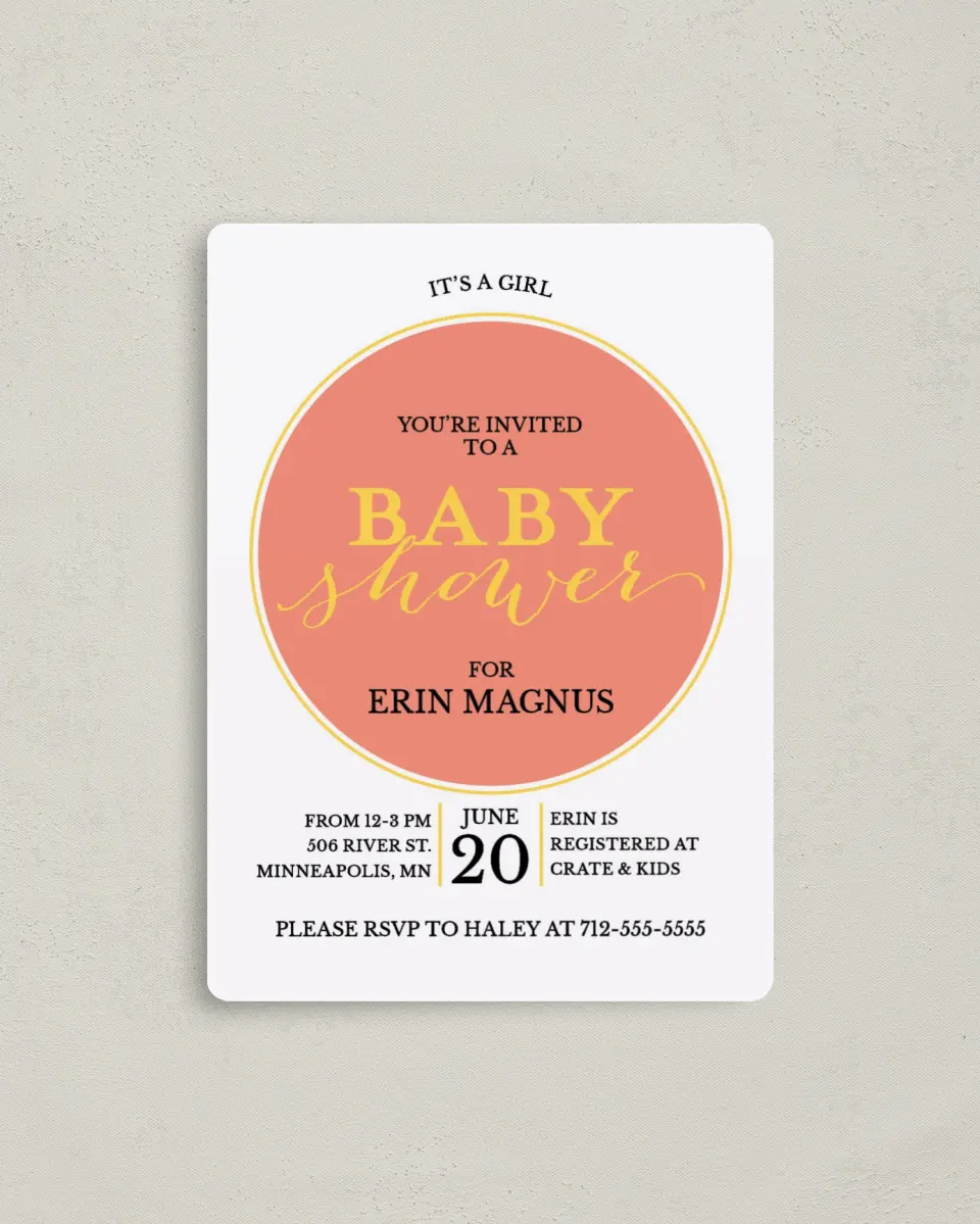 This is a 4" x 5½" Baby Shower Invitation Magnet called Delightful News printed in full color with a Luxe Satin finish