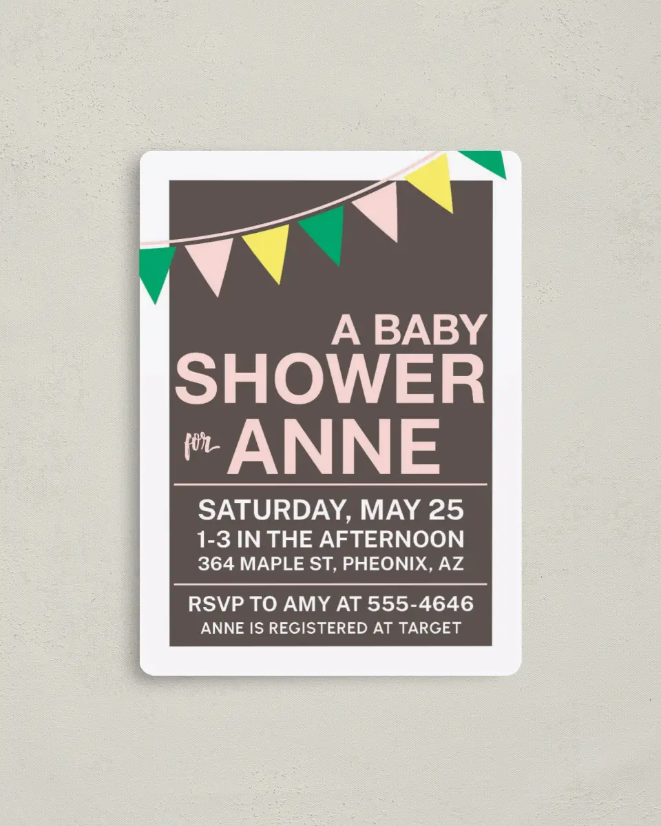 This is a 4" x 5½" Baby Shower Invitation Magnet called Breezy Bunting printed in full color with a Luxe Satin finish