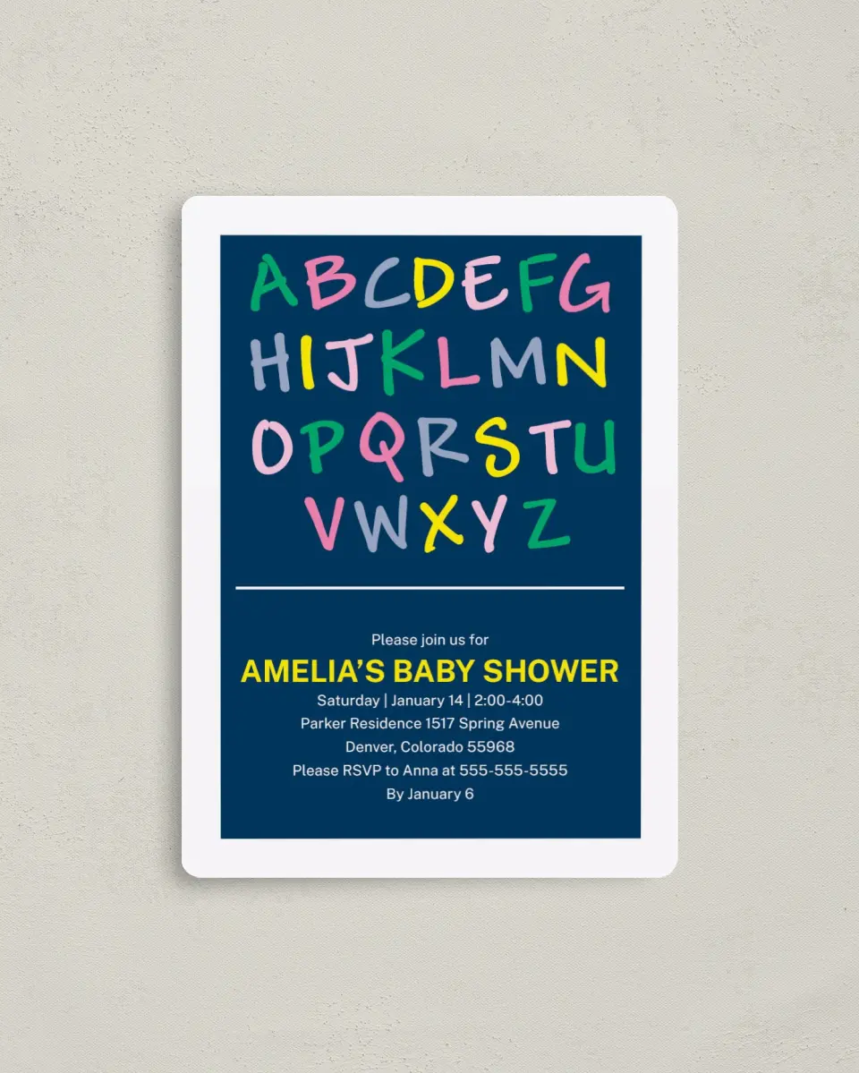 This is a 4" x 5½" Baby Shower Invitation Magnet called ABC Confetti printed in full color with a Luxe Satin finish