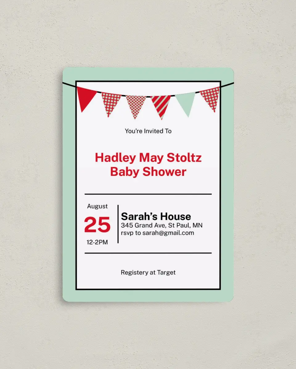 This is a 4" x 5½" Baby Shower Invitation Magnet called Banner Baby printed in full color with a Luxe Satin finish
