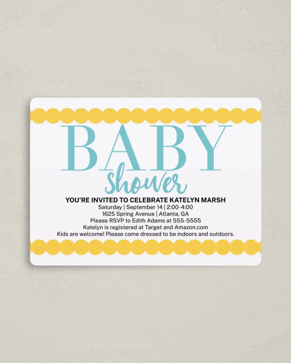 This is a 4" x 5½" Baby Shower Invitation Magnet called Petite Scallops printed in full color with a Luxe Satin finish