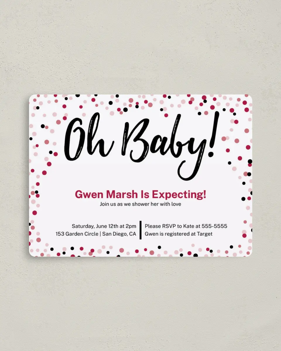 This is a 4" x 5½" Baby Shower Invitation Magnet called Confetti Border printed in full color with a Luxe Satin finish