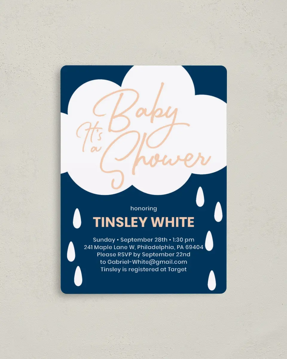 This is a 4" x 5½" Baby Shower Invitation Magnet called Raining Joy printed in full color with a Luxe Satin finish