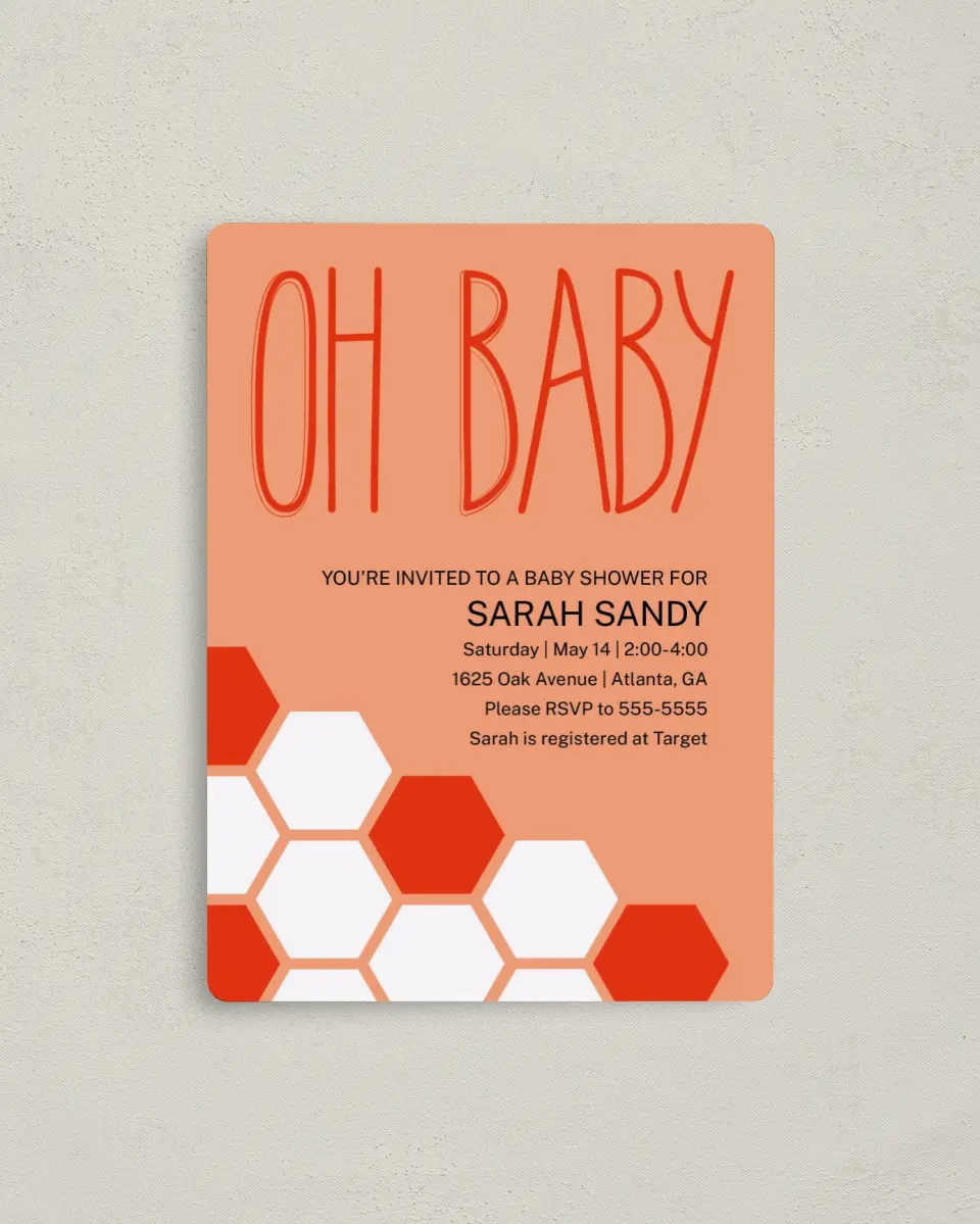 This is a 4" x 5½" Baby Shower Invitation Magnet called Sweet Honeycomb printed in full color with a Luxe Satin finish