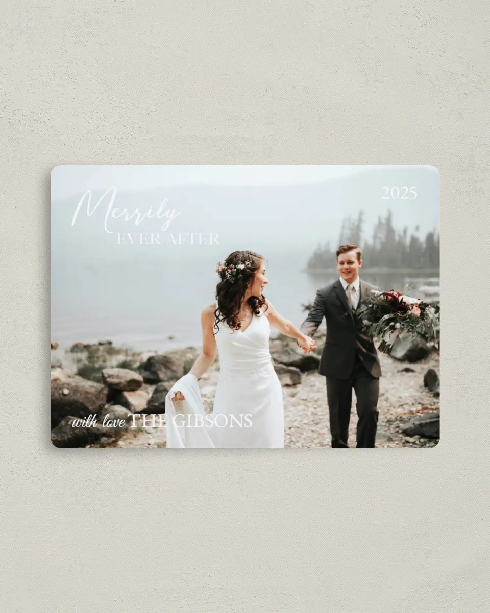 This is a 4" x 5½" Christmas Card called Merrily Ever After printed in full color with Rose Gold foil and a Luxe Satin finish