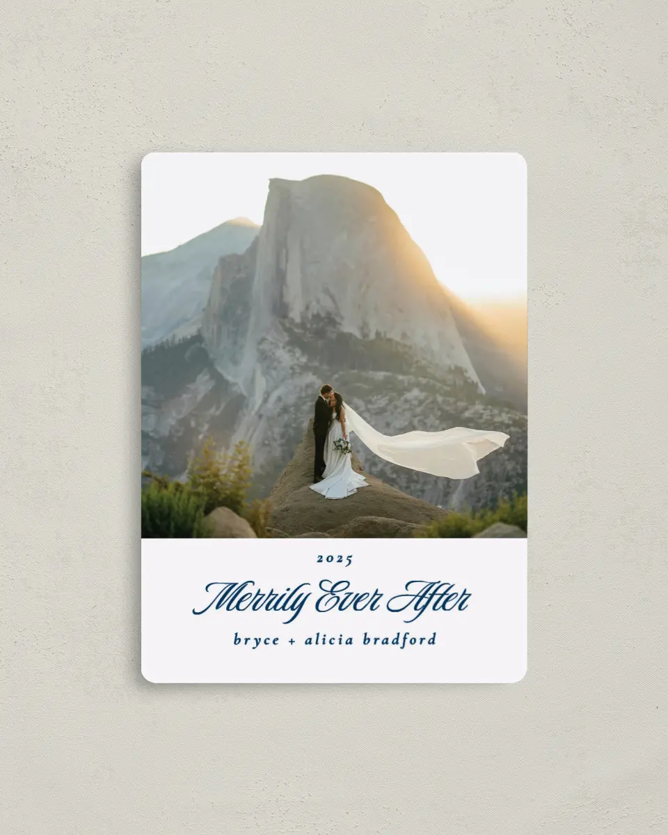 This is a 4" x 5½" Christmas Card called Ever After Joy printed in full color with a Luxe Satin finish