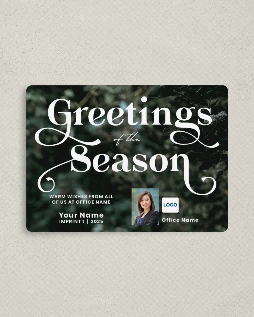 This is a 4" x 5½" Christmas Card called Greetings Greenery printed in full color with a Luxe Satin finish