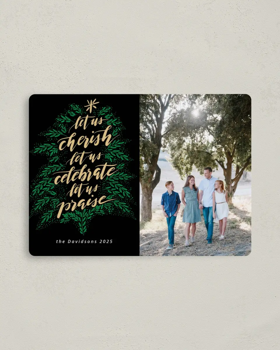 This is a 4" x 5½" Christmas Card called Shining Praise printed in full color with a Luxe Satin finish