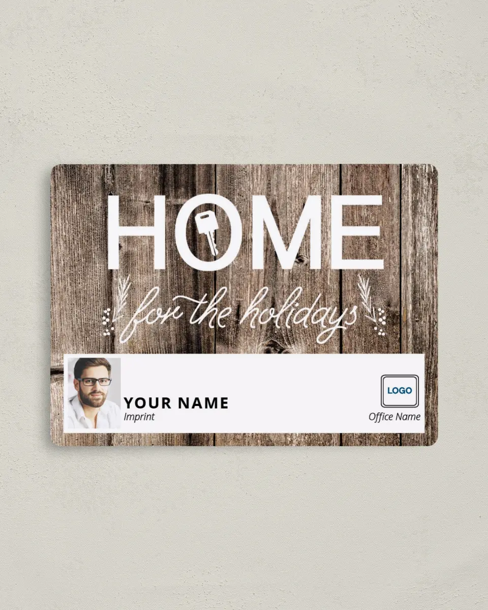 This is a 4" x 5½" Christmas Card called Home is the Key printed in full color with Gold foil and a Luxe Satin finish