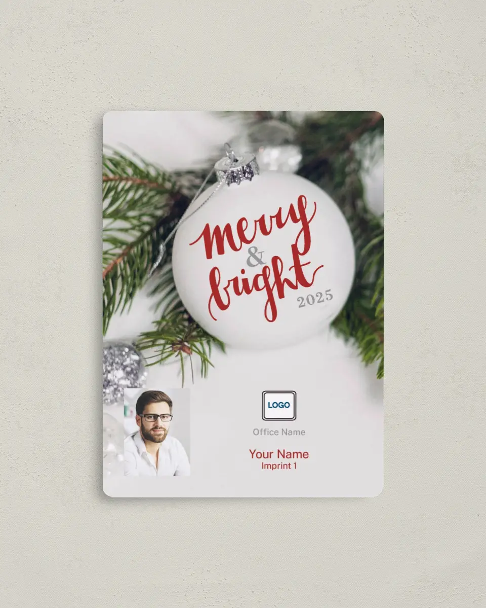 This is a 4" x 5½" Christmas Card called Etched Ornament printed in full color with a Luxe Satin finish