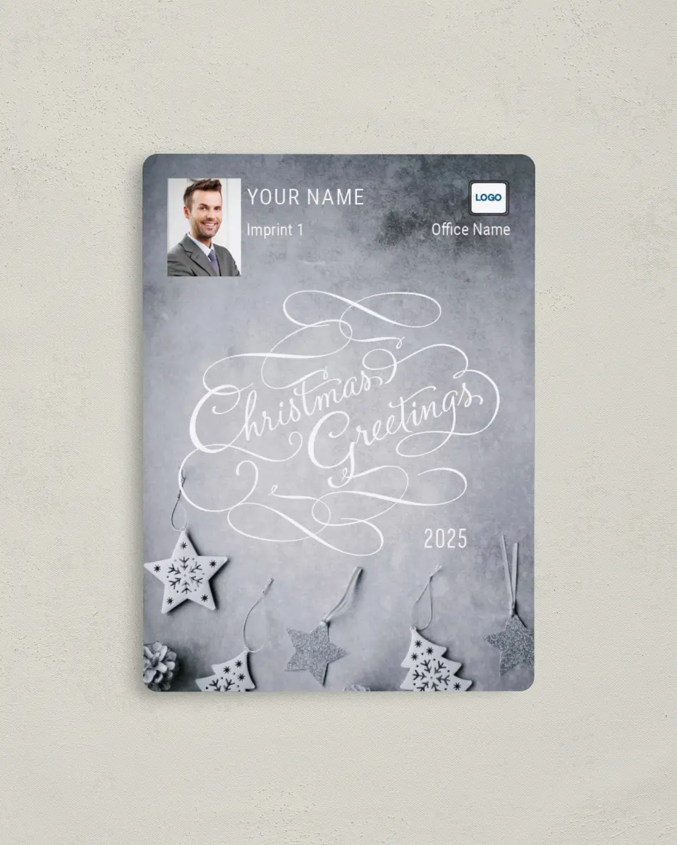 This is a 4" x 5½" Christmas Card called Silver Stencil printed in full color with a Luxe Satin finish
