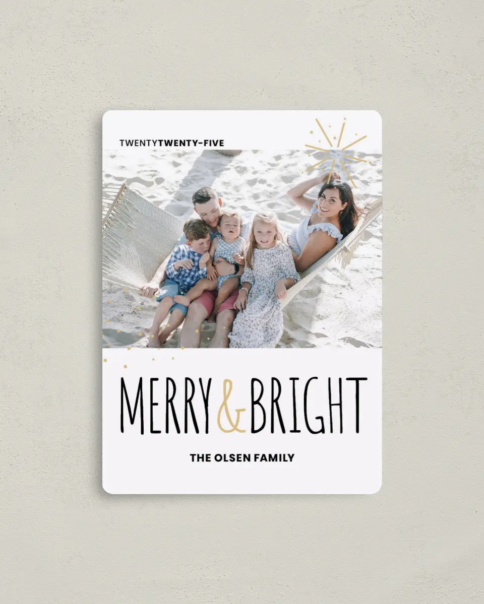 This is a 4" x 5½" Christmas Card called Merry Confetti printed in full color with Silver foil and a Luxe Satin finish