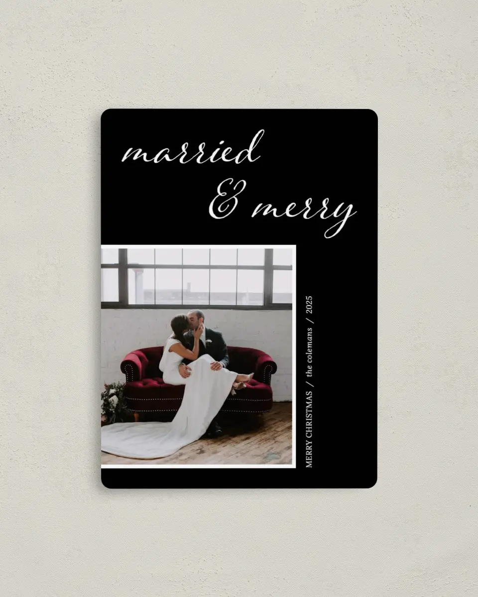 This is a 4" x 5½" Christmas Card called Modern Marry printed in full color with Rose Gold foil and a Luxe Satin finish