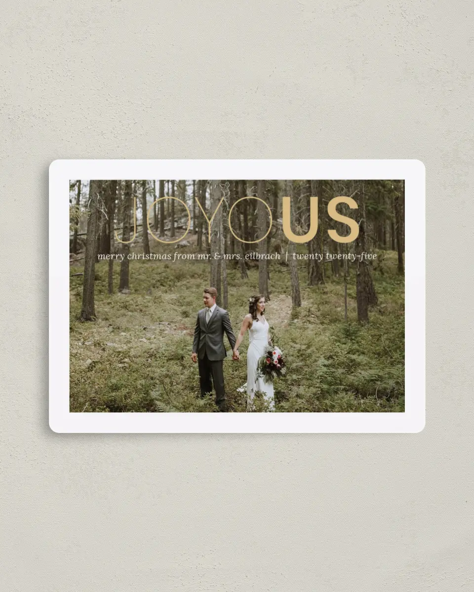 This is a 4" x 5½" Christmas Card called Joyous Song printed in full color with Gold foil and a Luxe Satin finish